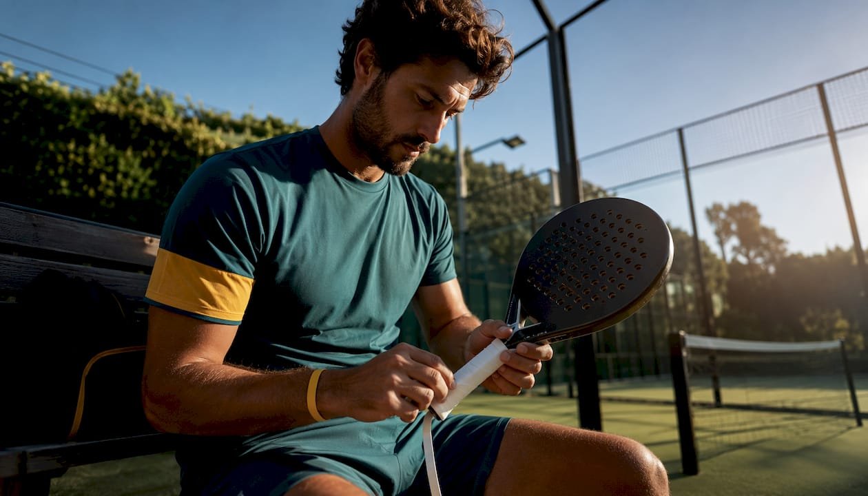 Padel player removing worn overgrip from racket