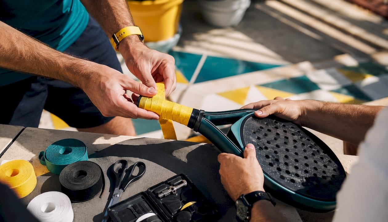 Hands wrapping replacement grip on padel racket