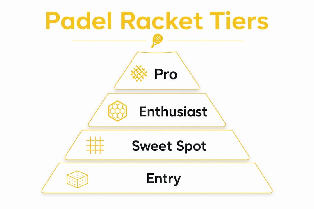 Infographic showing padel racket price tiers in pyramid format