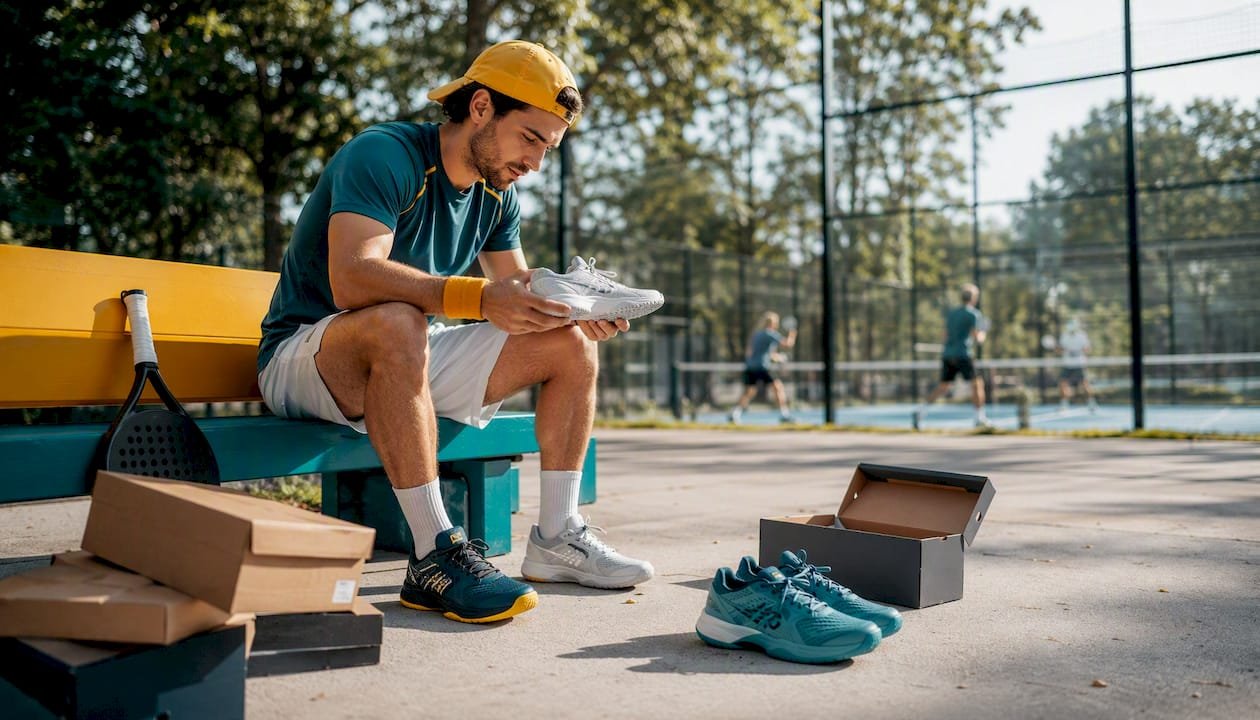 Padel player comparing padel and tennis shoes indoors