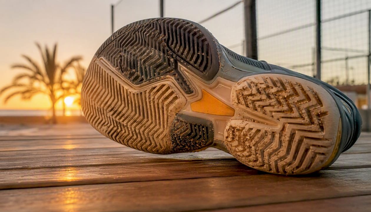 Close-up of padel shoe outsole on artificial grass