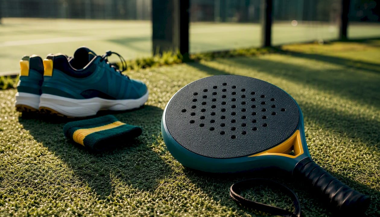 Close-up of round-head beginner padel racket on clay court