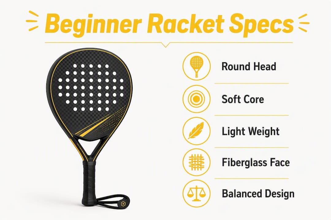 Infographic showing key specs for beginner padel rackets