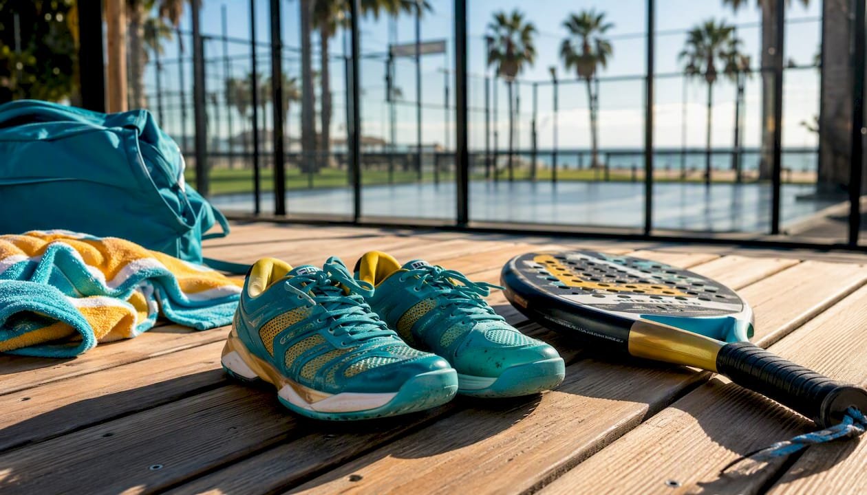 Close-up of padel shoes on synthetic court next to racket