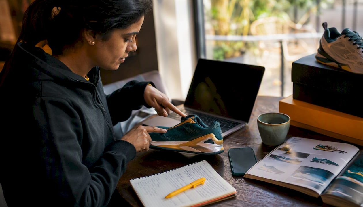 Woman researching padel shoes online at kitchen table