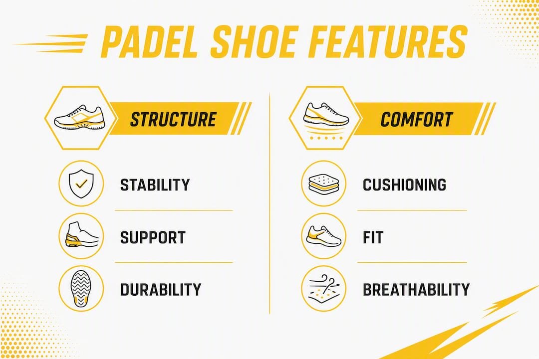 Infographic comparing padel shoe structure and comfort features