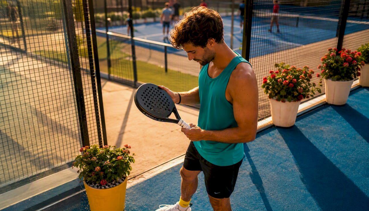 Padel player outdoors inspecting intermediate racket