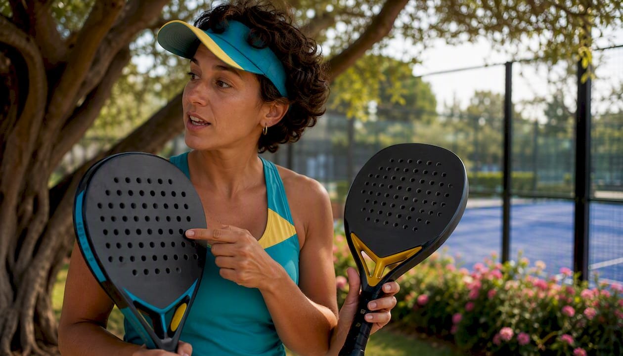 Female coach comparing padel rackets on court