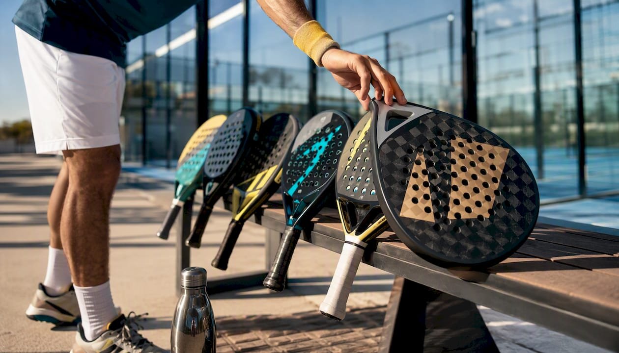 Hand arranging advanced padel rackets on bench