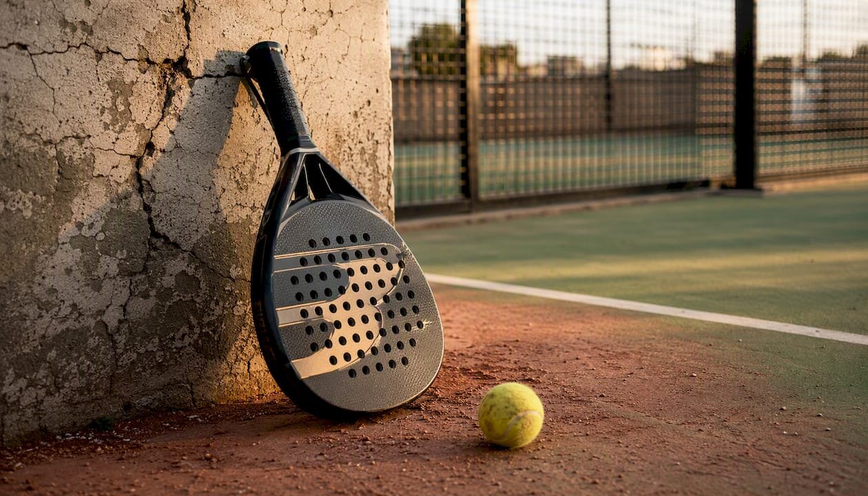 Overhead shot of padel racket and ball on court