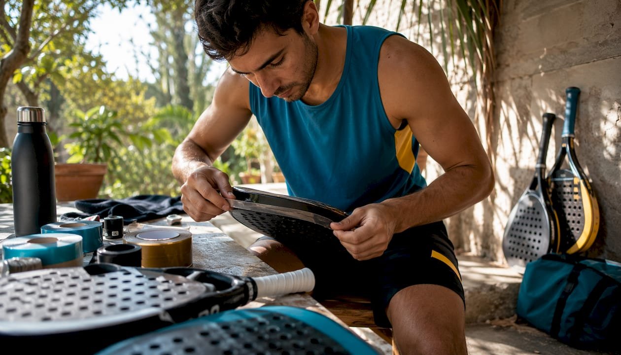 Padel player applying frame protector in home garage