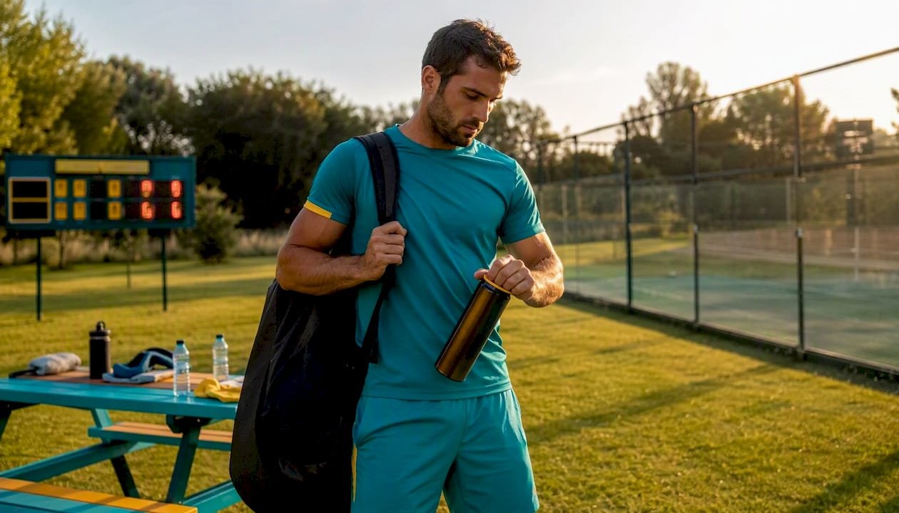 Padel player holding FIP-approved ball can near court