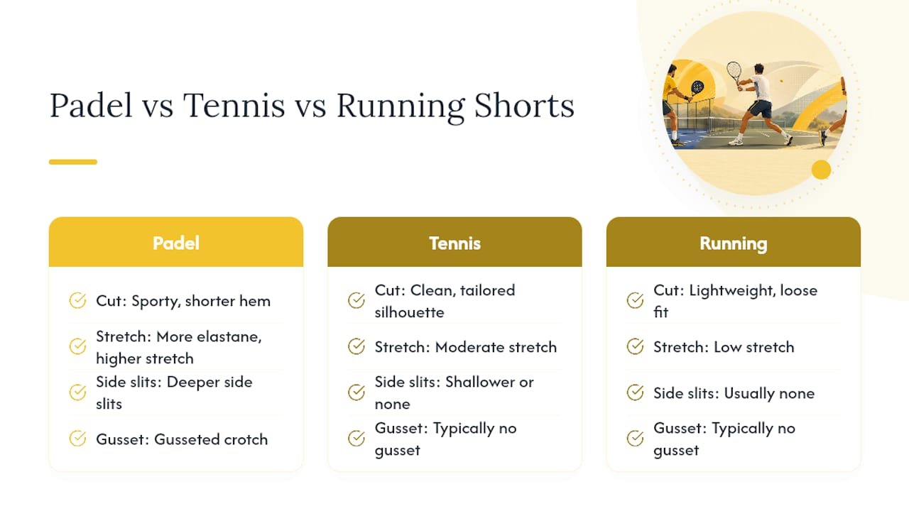 Comparison diagram of padel, tennis, and running shorts