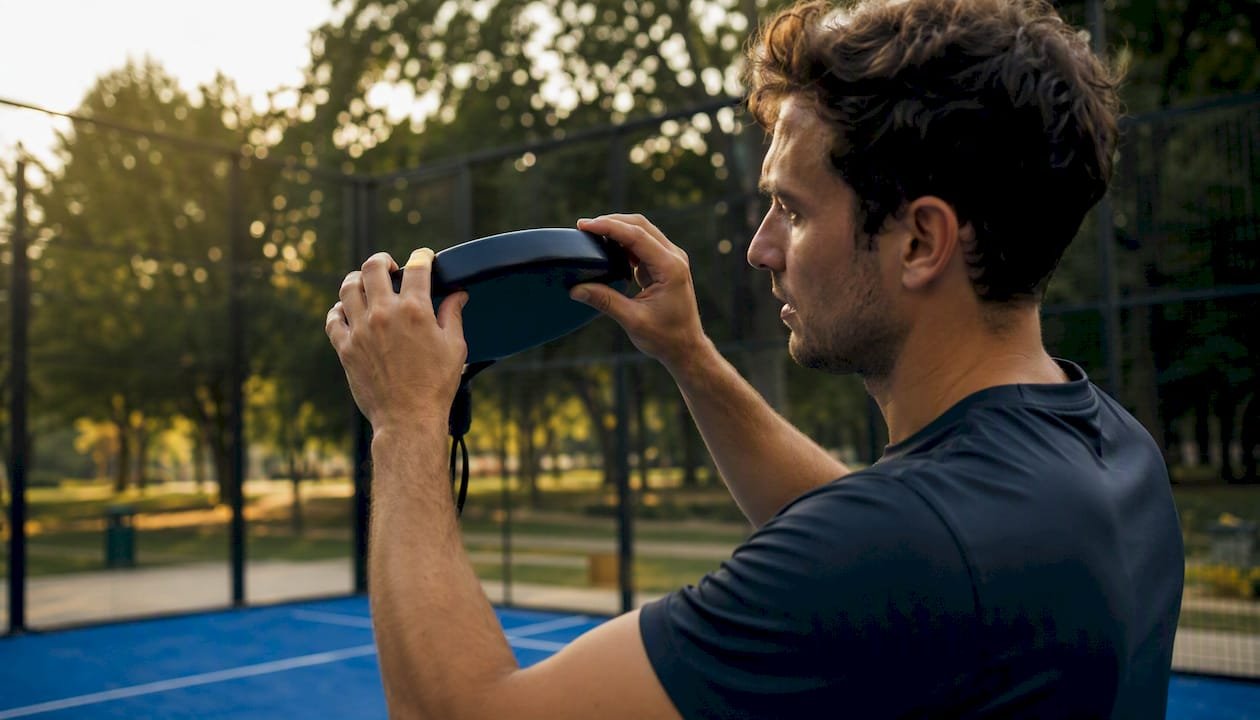 Player examining padel racket frame close-up
