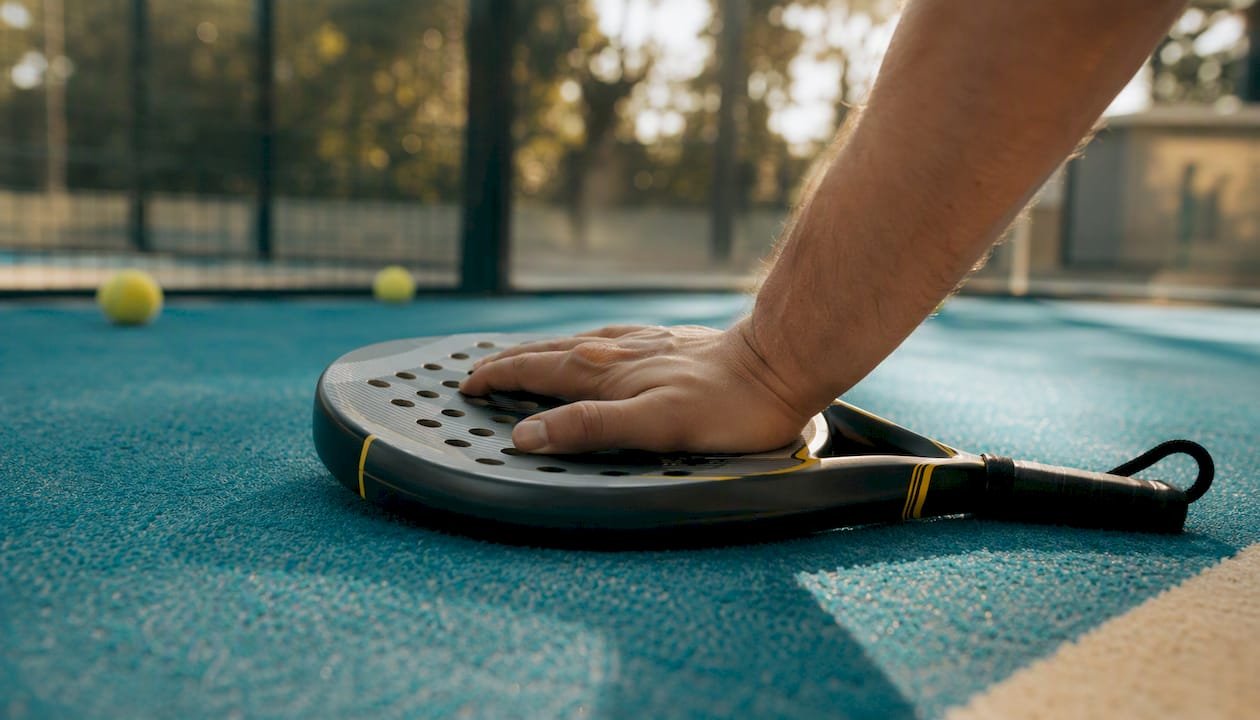 Hand pressing padel racket frame showing flex