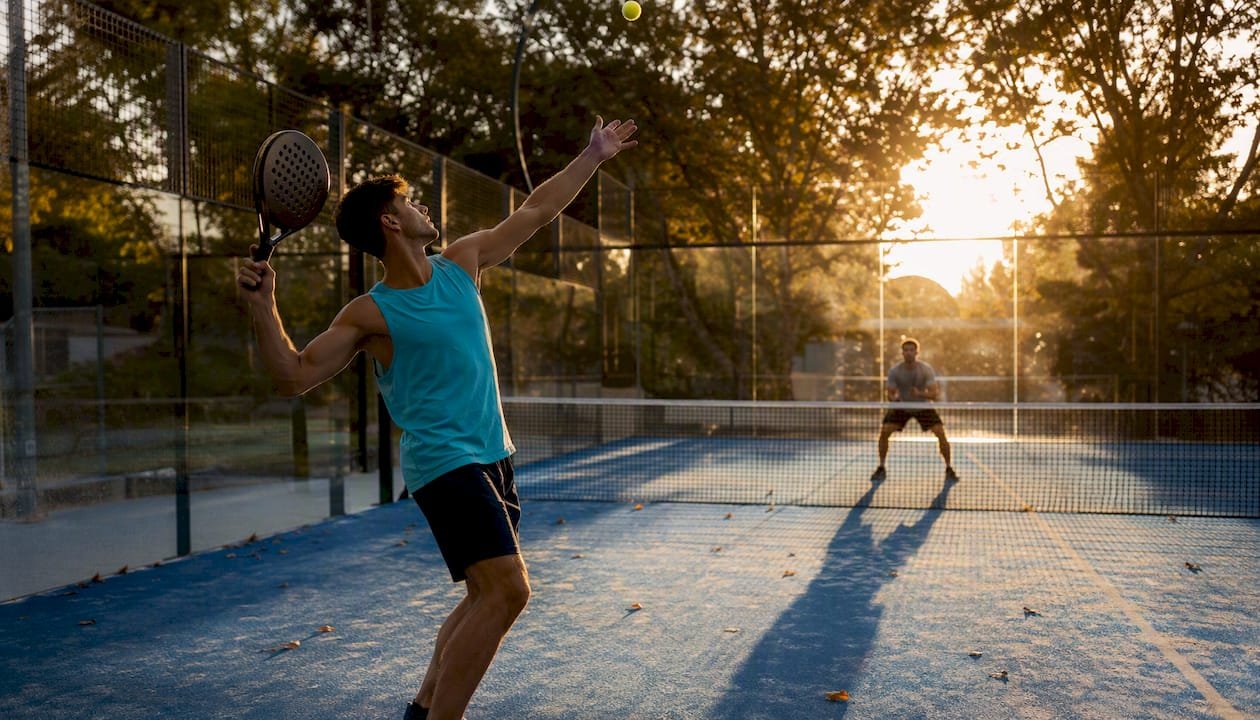 Padel players preparing serve on outdoor court