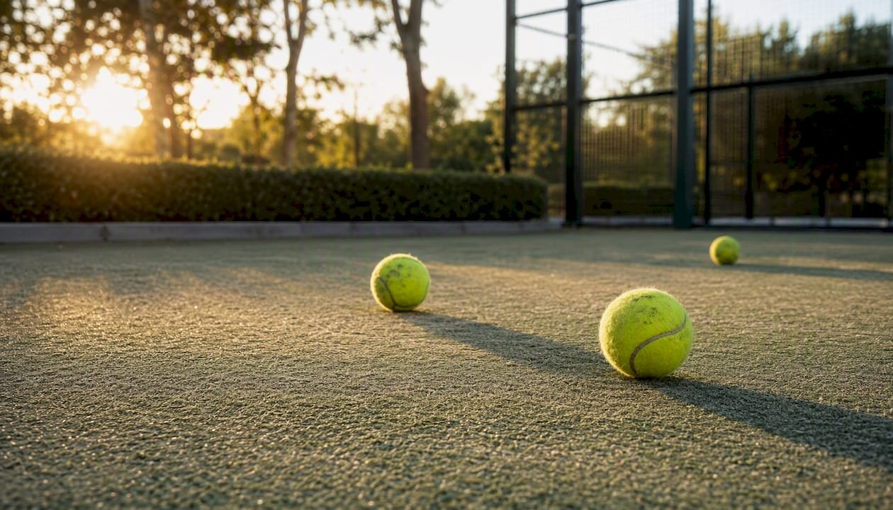 Used padel balls on court surface