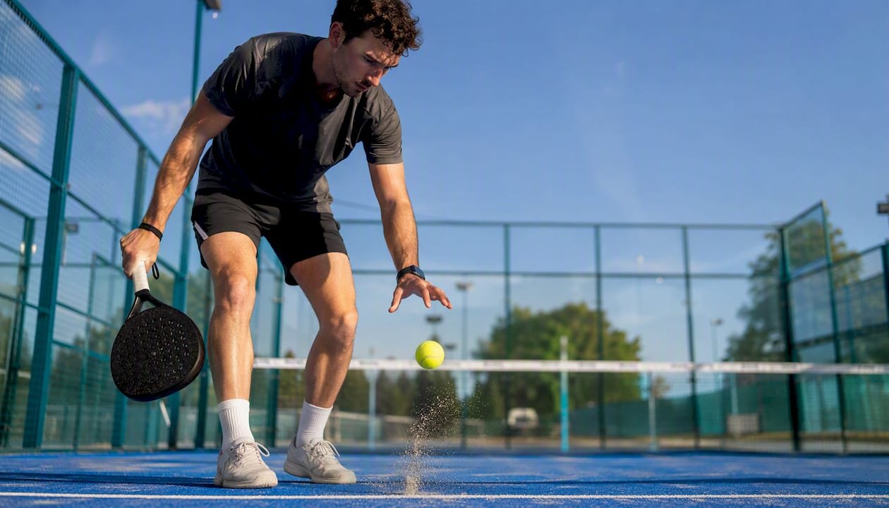 Player testing padel ball bounce outdoors