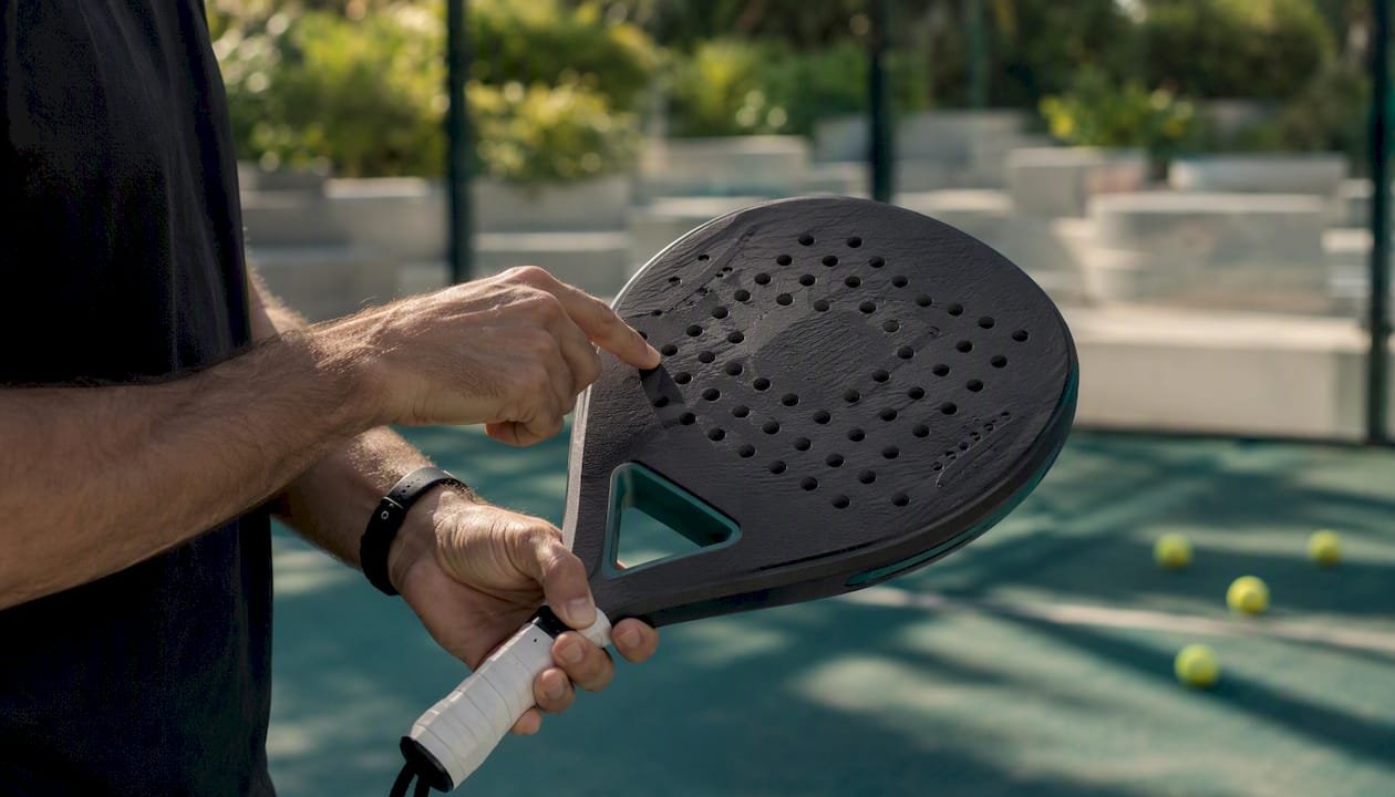 Player tapping padel racket face to find sweet spot