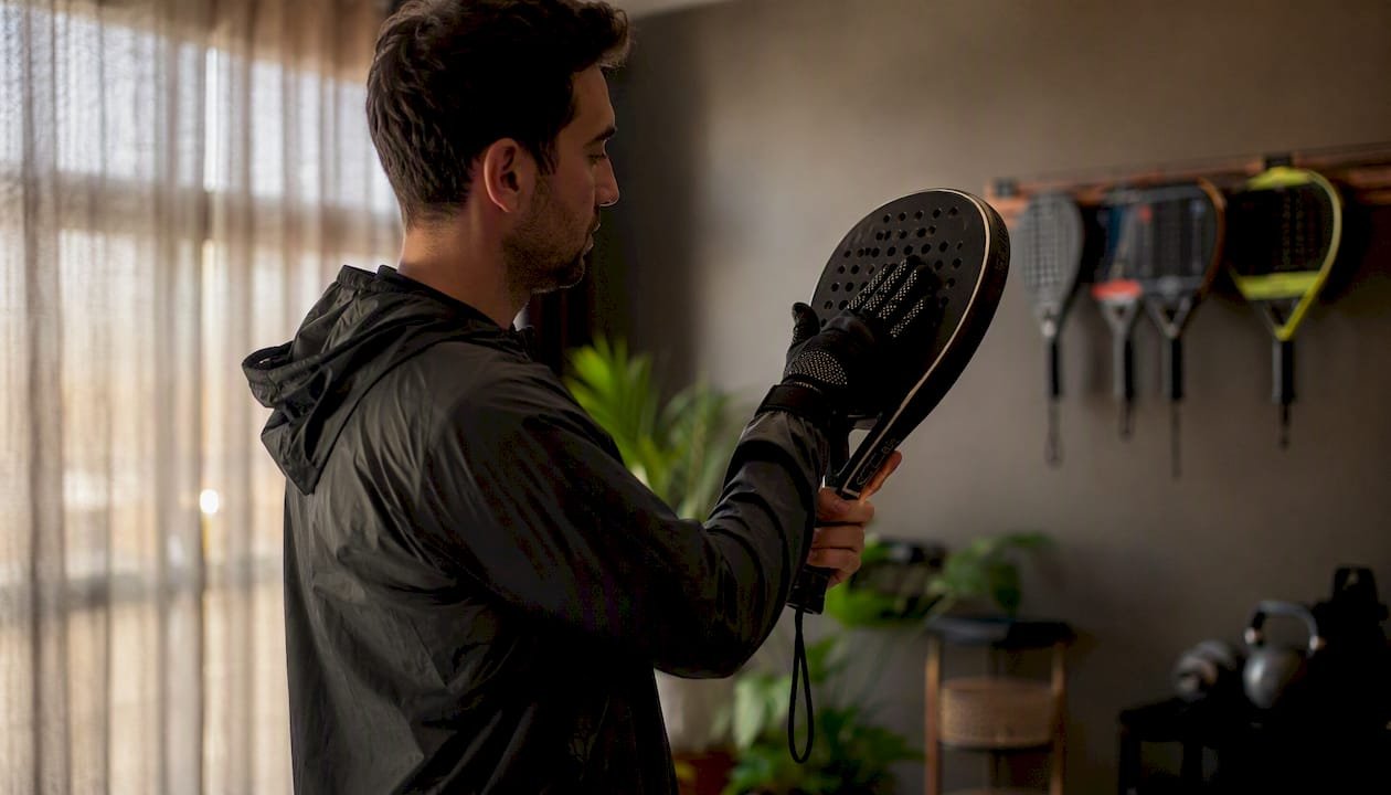 Player testing racket vibration with glove at home