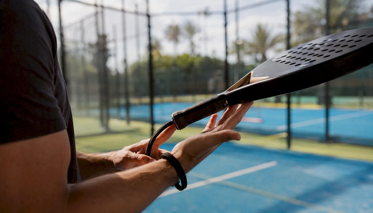 Hands balancing a padel racket tip on finger