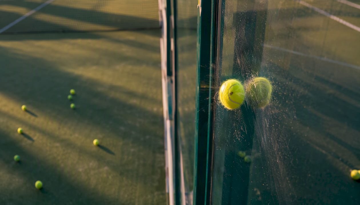 Padel ball bouncing off court wall