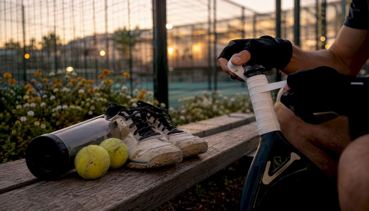 Padel shoes, balls, and hand applying bumper strip