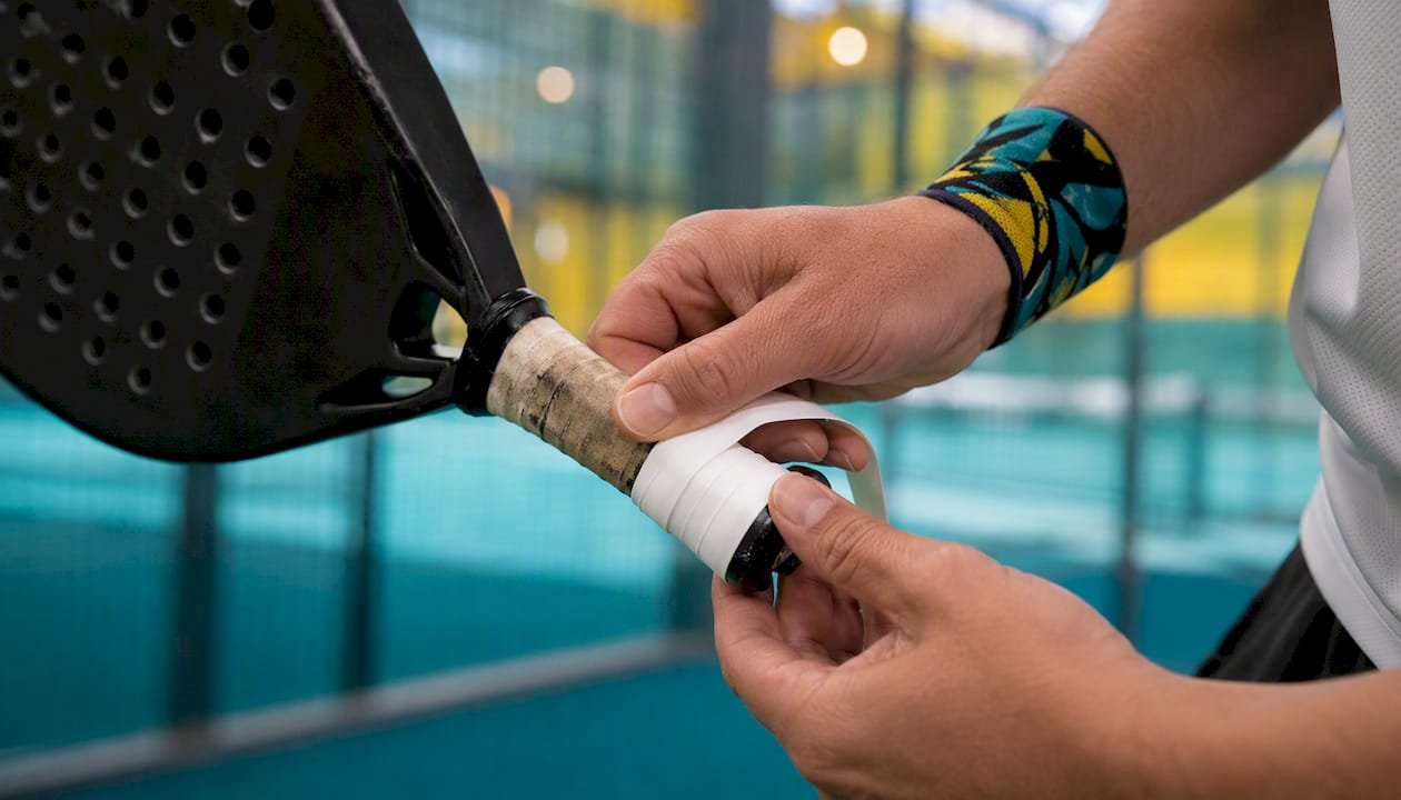 Hands wrapping overgrip on padel racket