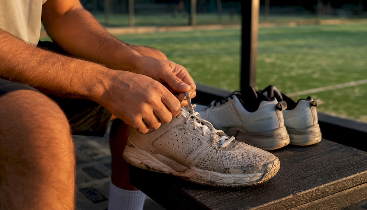 Player unlacing worn padel shoe on bench