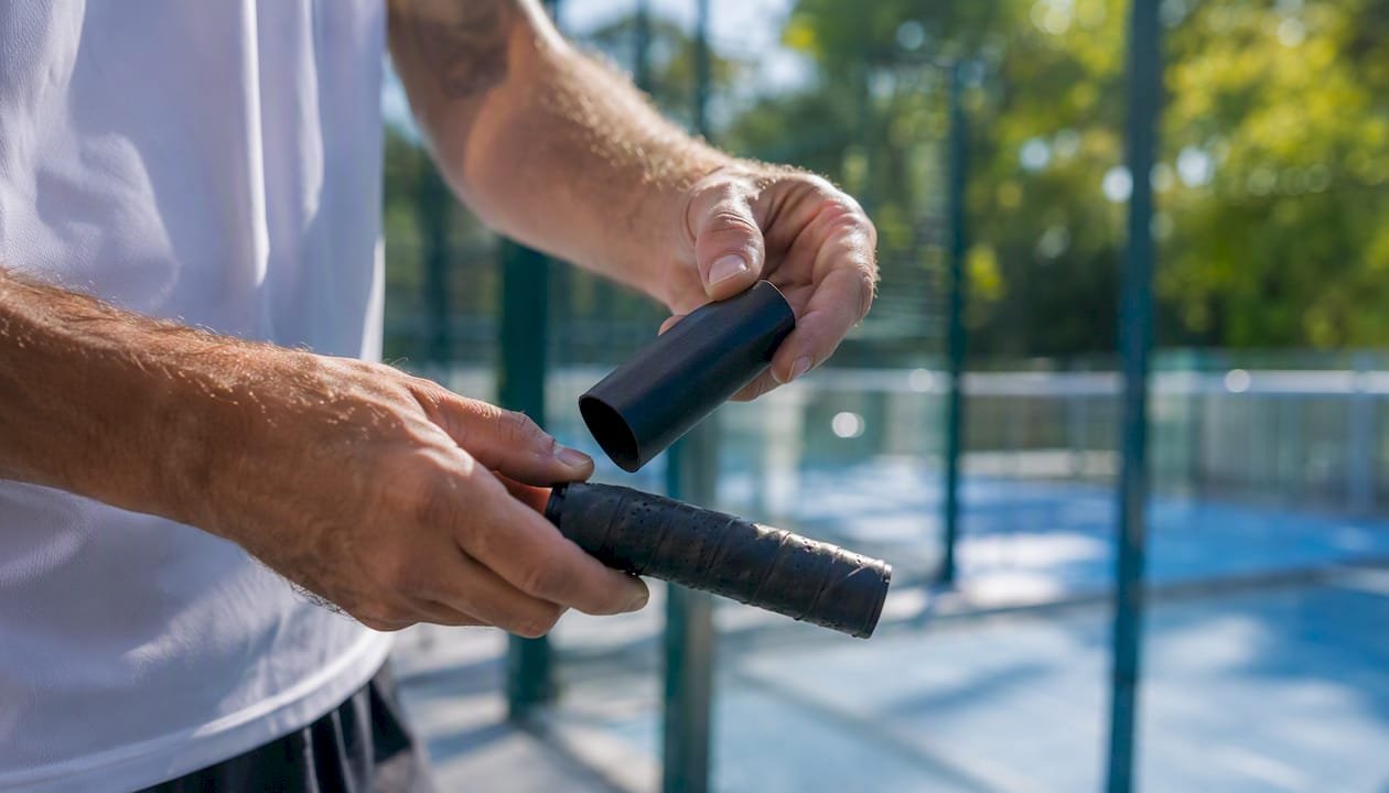 Hand positioning heat-shrink sleeve on racket handle