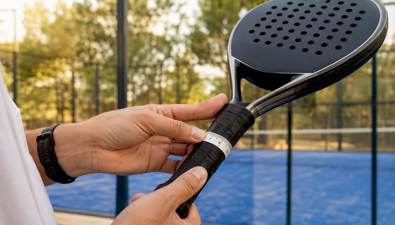 Hand measuring padel racket grip size outdoors