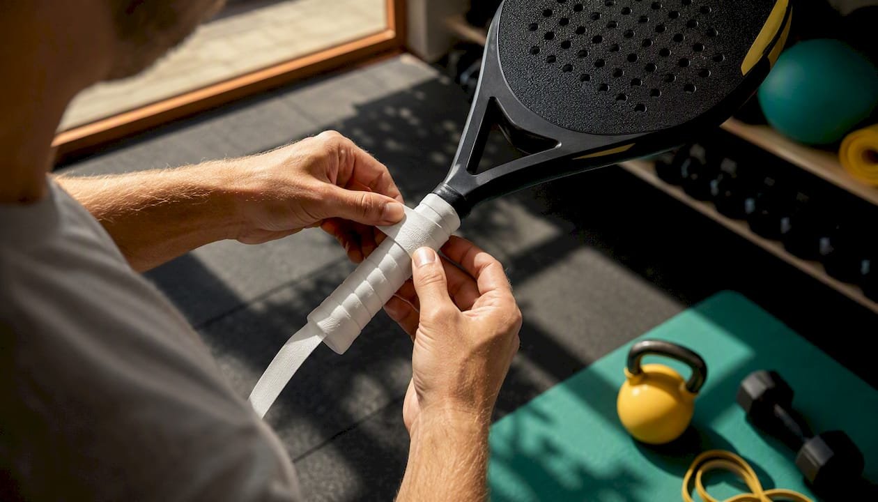 Hands applying overgrip tape on racket handle
