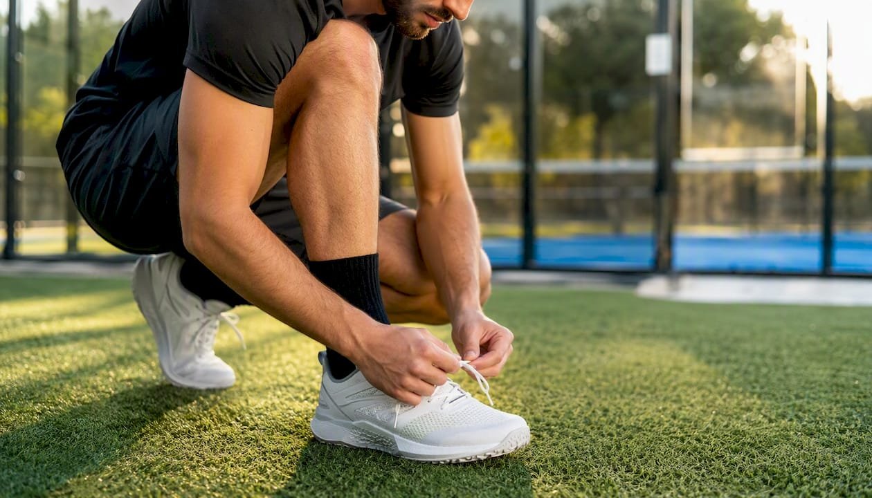 Hands lacing new padel shoes on indoor court bench