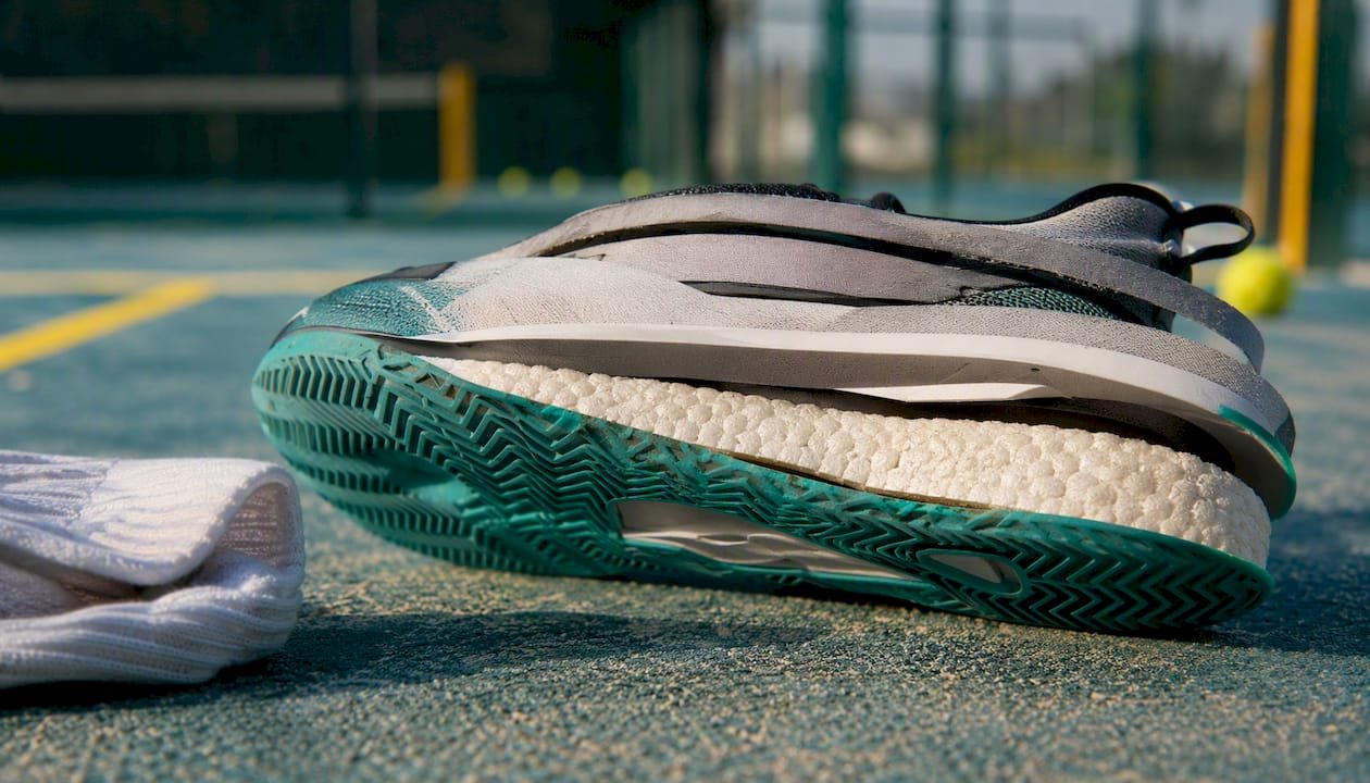Close-up of padel shoe sole layers on sports floor