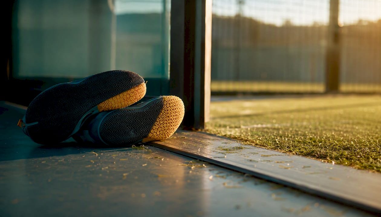 Padel shoes outsole patterns at indoor-outdoor court edge