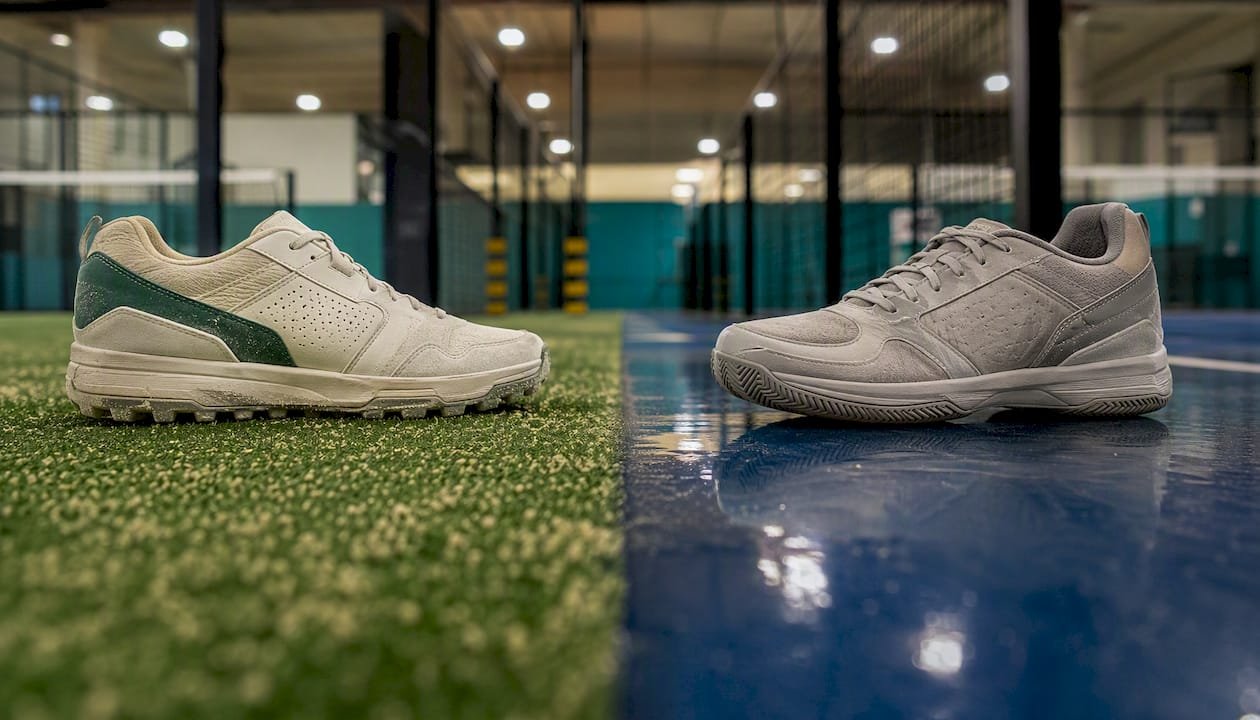 Shoes on two types of padel court surfaces
