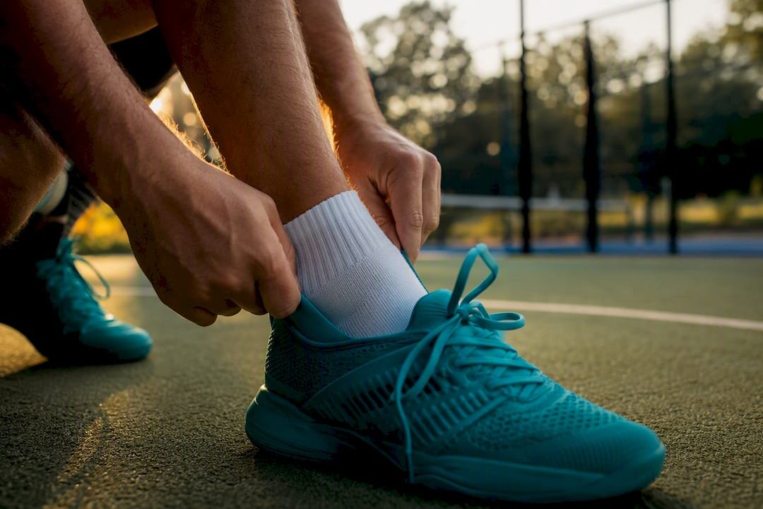 Foot wearing sport sock trying on shoe