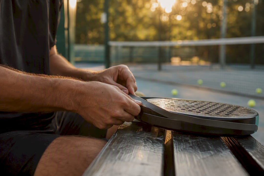 Hands applying lead tape to padel racket edge