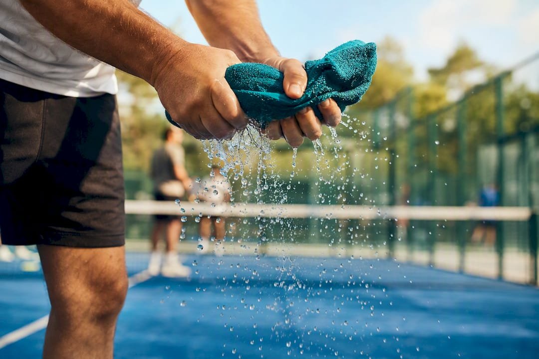 Hands wringing cooling padel towel