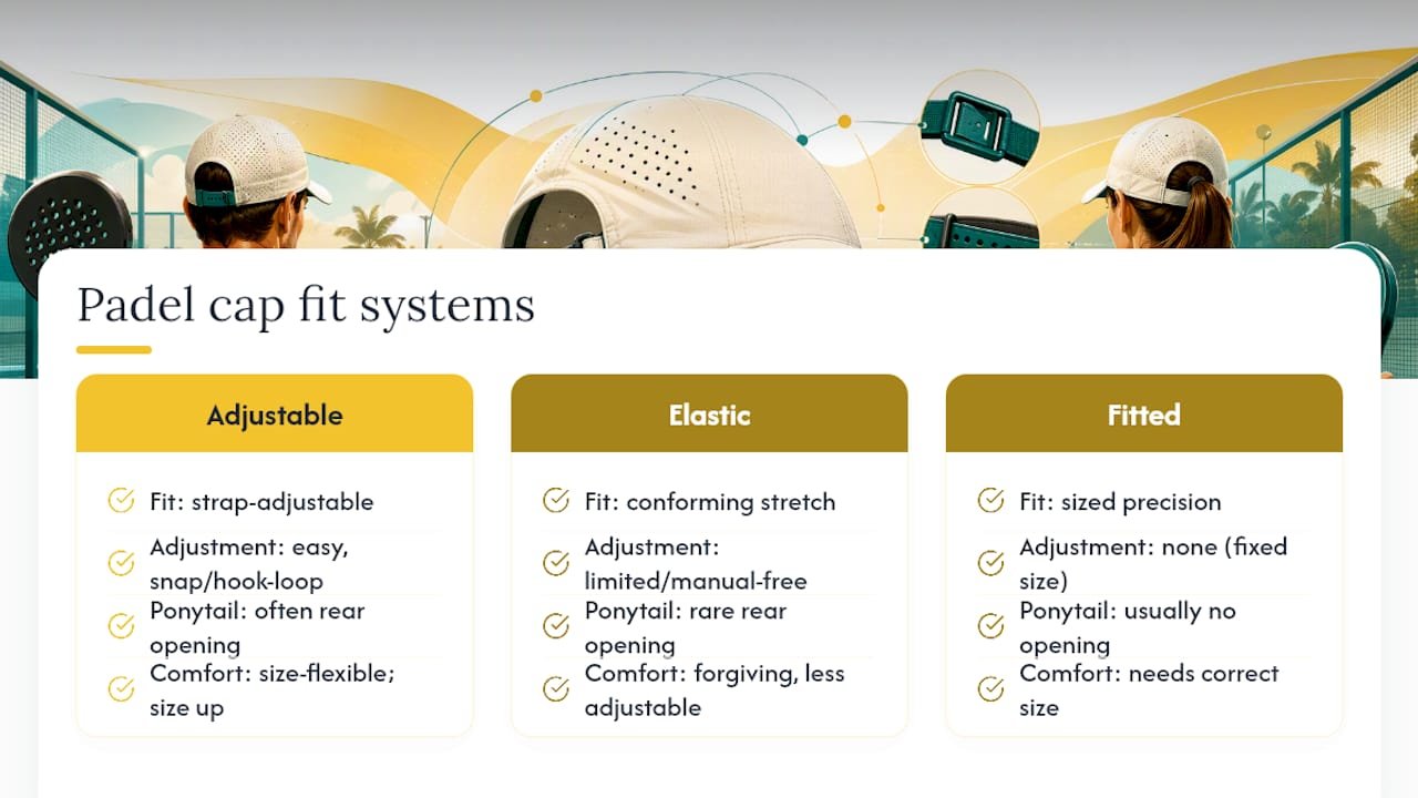 Diagram comparing padel cap fit systems