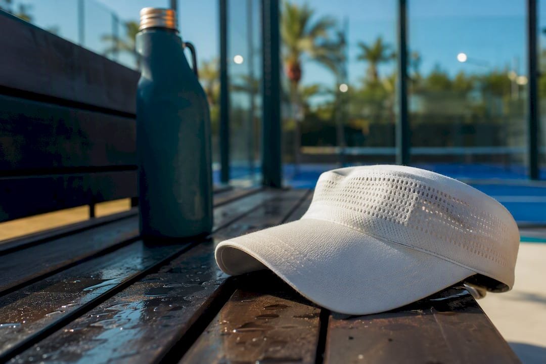 Mesh visor cap on sunny padel court bench