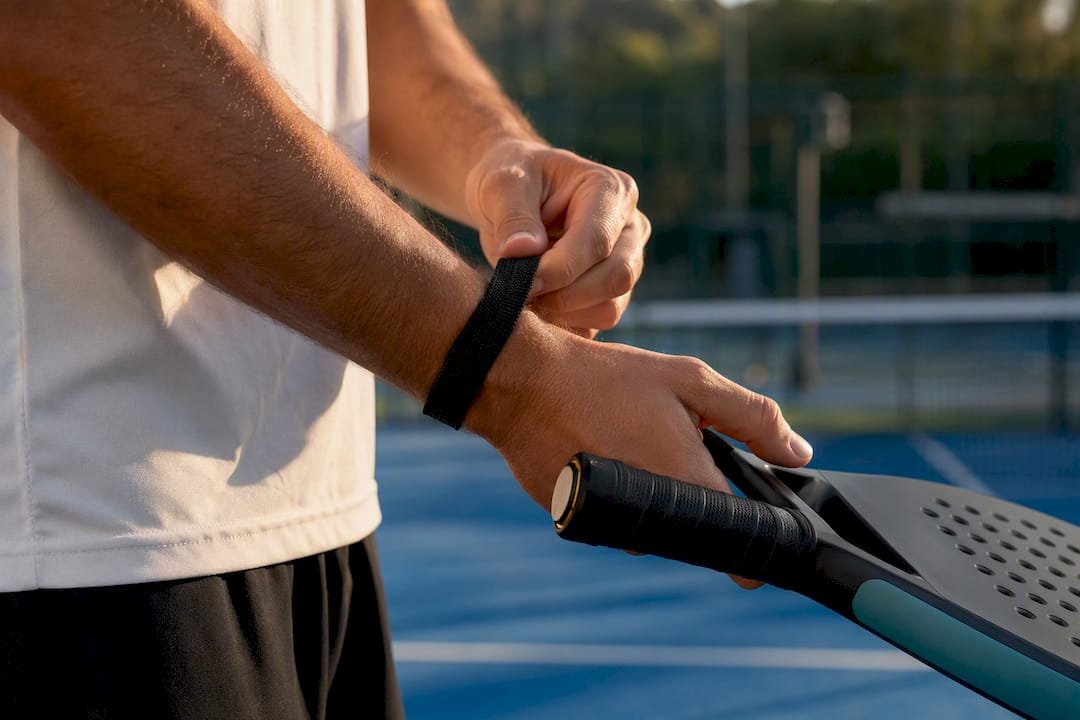 Close-up of padel racket wrist strap adjustment