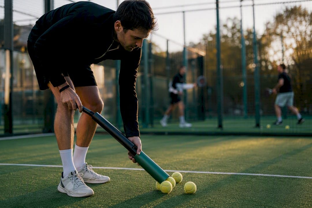 Player using padel ball tube collector