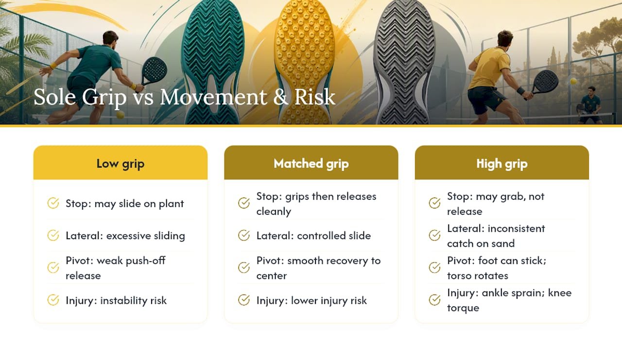 Diagram comparing padel shoe sole grip levels and injury risks