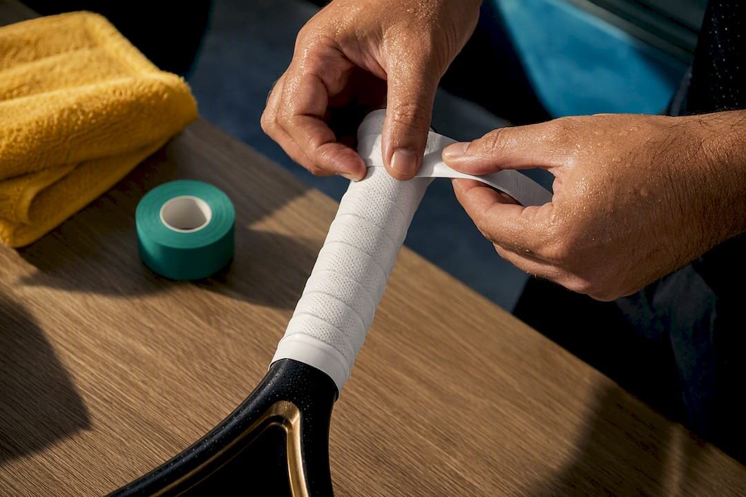 Hands wrapping an overgrip on racket handle